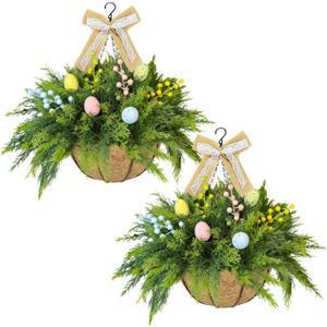 Set of 2 Easter Artificial Hanging Plant Flower Baskets, Fake Planter Hanging with 24 Pcs Cypress Leaves, Faux Ferns with Easter Eggs & Berries for Outdoor Spring Decor Porch, Garden, Patio