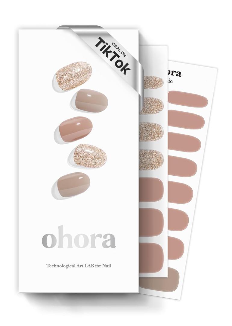 ohora Semi Cured Gel Nail Strips (N Carmel) - Nude, Glitter, Works with Any UV/LED Lamps, Salon-Quality, Long Lasting, Easy to Apply & Remove - Includes 2 Prep Pads, Nail File & Wooden Stick (04. N Carmel)