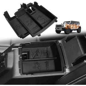 TripleAliners Center Console Organizer Compatible with 2025 Ford Bronco(Not for 2-Door & Bronco Sport) Accessories Center Console Storage Box Armrest Insert Tray | Two Layers with Leather Trim (Black)