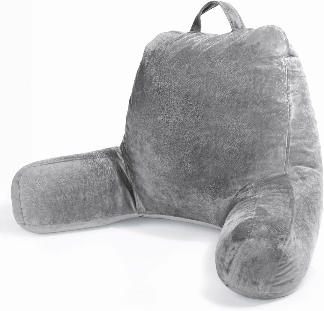 Sasttie Reading Pillow for Bed, Velvet Back Support Pillow for Bed Sitting Up, Back-Rest Sit-Up Support Cushion, College Dorm Essentials for Girls and Boys, Dark Grey (Standard Size)