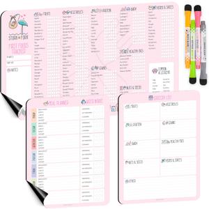 Baby First Food Tracker, Magnetic Meal Planner, Fridge Grocery Shopping List Chart (3 in 1) - Dry, Erase Menu Planners, Strong Stickiness on Refrigerator - 11.8"x8.2", Pink - Baby Led Weaning Supplies