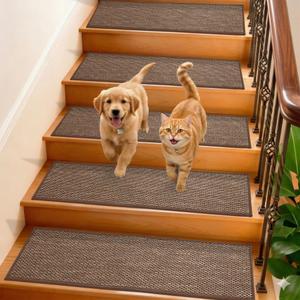 GROWLING Linen Stair Treads for Wooden Steps Indoor 36x9 inch,7pcs Upgraded Self Adhesive Backing Non Slip Stair Carpets, Peel and Stick Stair Runner Rugs, Reusable Staircase Step Treads(Brown)