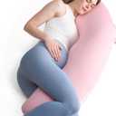 Momcozy Body Pillow for Pregnancy, J Shaped Pregnancy Pillows for Side Sleeping, Soft Maternity Pillow with Jersey Cotton Cover for Head Neck Belly Support, Pink