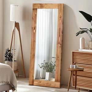 Full Length Mirror 58"x24"  Solid Wood Frame, HD Tempered Glass, Wall Mounted & Leaning, Rustic Modern Decor for Bedroom, Living Room, Entryway, Light Brown