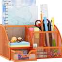 EasyPAG Mesh Desk Organizer with Drawer Multi-Functional Pen Holder Stationery Organizer for Office School Supplies 6 Compartments Dorm Organizers and Storage for Desk, Orange