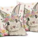 Spring Easter Pillow Covers 18x18 Set of 2 Cute Bunny Rabbit Floral Easter Decorations Watercolor Pink Flower Butterfly Decorative Throw Pillow Cases Outdoor Farmhouse Decor for Sofa Couch Bed