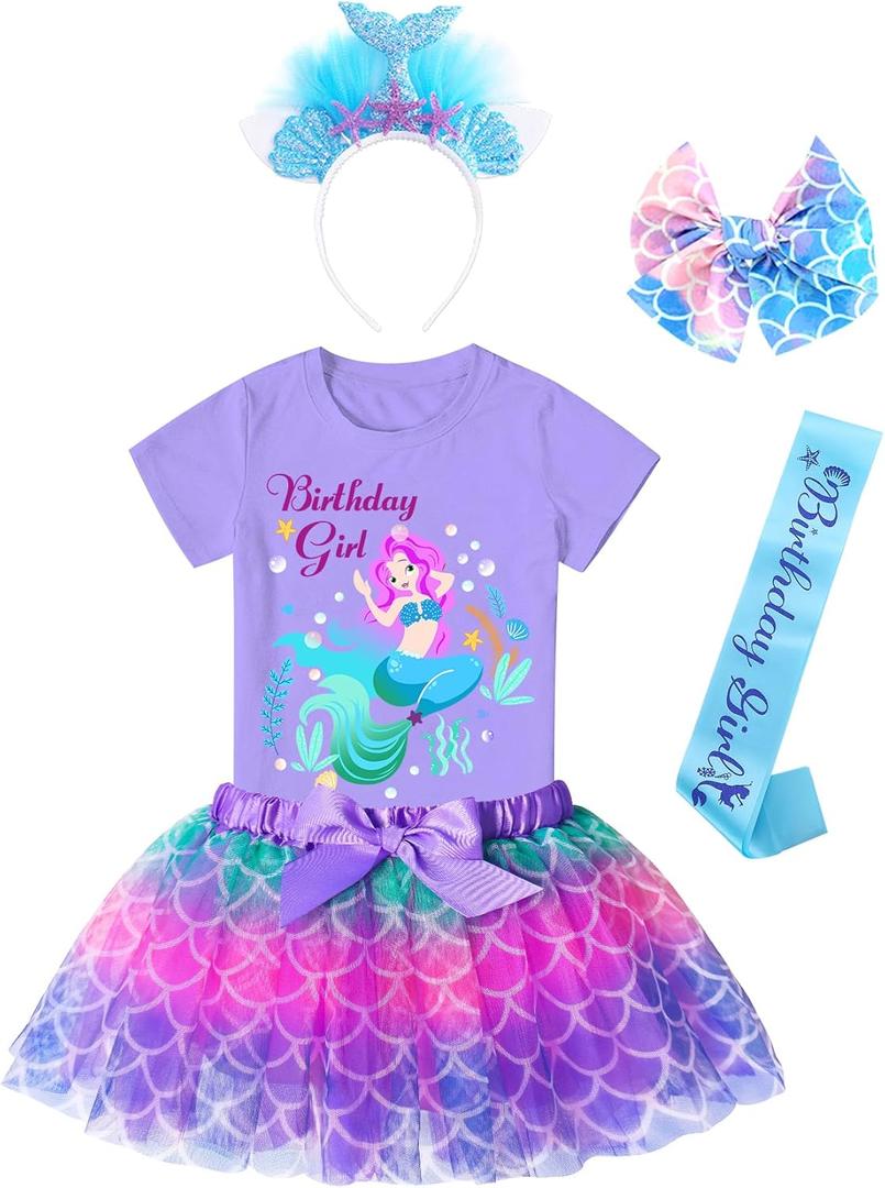 Doctor Unicorn Birthday Girls Mermaid Outfit Set Costume Tutu Skirt Dress, Mermaid Birthday Shirt, Headband & Satin Sash (3-4 Years, Blue/Purple Mermaid)