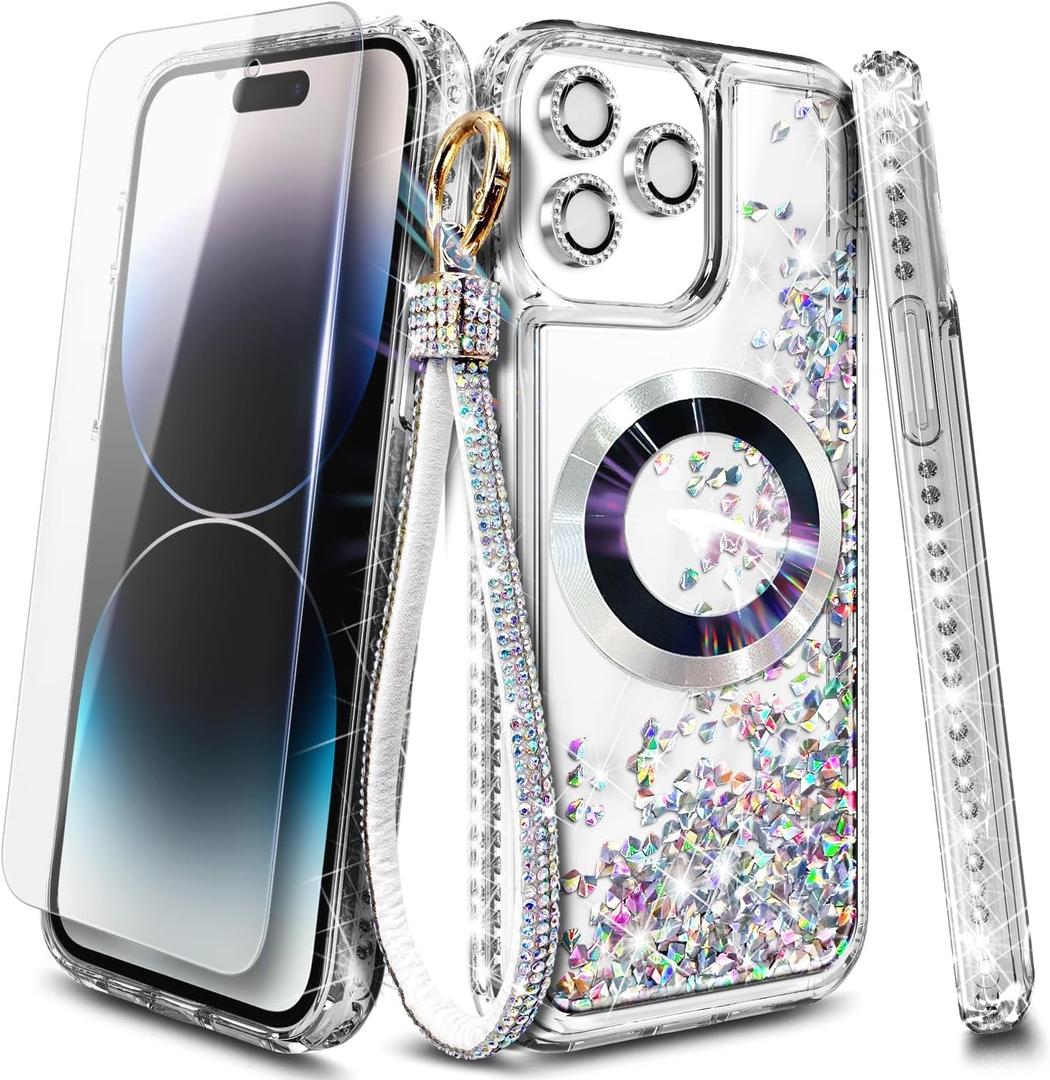 Designed for iPhone 15 Pro Max Magnetic Case Compatible with MagSafe, Tempered Glass Screen Protector/Camera Lens Protector/Wrist Strap Lanyard, Glitter Floating Liquid Cute Case (Diamond)