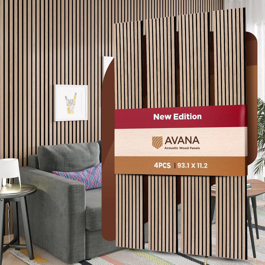Avana Acoustic Wood Wall Panels 93.2x11.25 Inch Panels Fits 94x12 Layout White Oak Acoustic Panels 4 PCs Wall Panels for Interior Wall Decor for Homes, Offices Durable Wood Panels for Wall