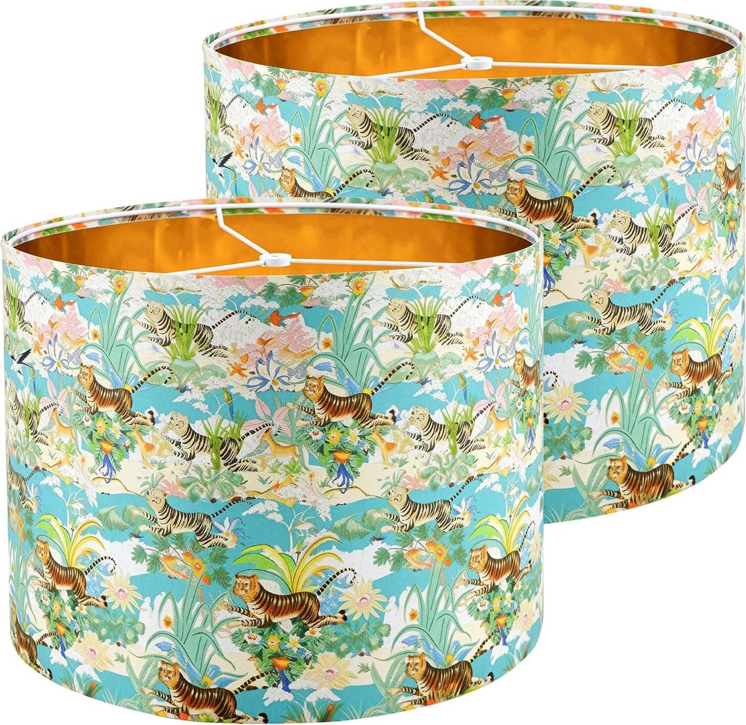 YUNLIAN Medium Lamp Shades Set of 2,Fabric Plant Pattern Drum Shade for Floor Lamp Replacement,Table,Animal Shade.Living Room,13 "Top x 13" Bottom x 10 "High,Round Lampshade",Need To Assemble