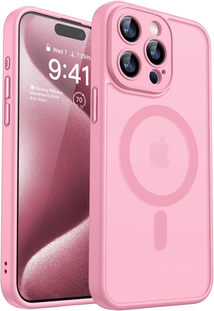 CANSHN Magnetic Compatible with iPhone 15 Pro Case, Upgraded [Full Camera Protection] [Compatible with Magsafe] [Translucent Matte] Shockproof Protective Phone Case Cover 6.1 Inch - Pink