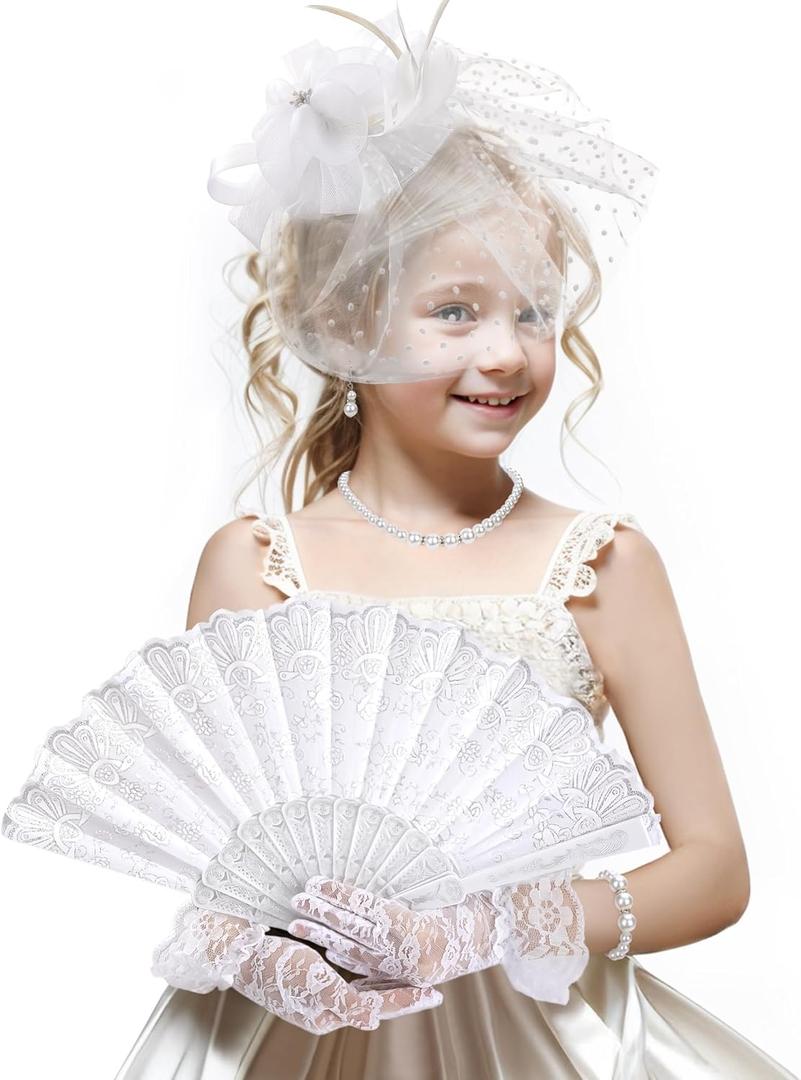 White Victoria Hat Set - Derby Fascinator 2026 Set for 1920s 50s Costume Party, Girls High Tea Pary Church Kentucky Hats with Pearl Necklace Earring Hand Fan and Lace Gloves Kit