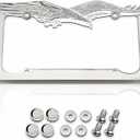 Heavy Duty 3D Chrome American Eagle License Plate Frame with 4 Silver Screw Caps, Street Legal Universal Fit for Cars & Trucks, Premium Rust-Free Zinc Chrome Eagle License Plate Frame for Women & Men