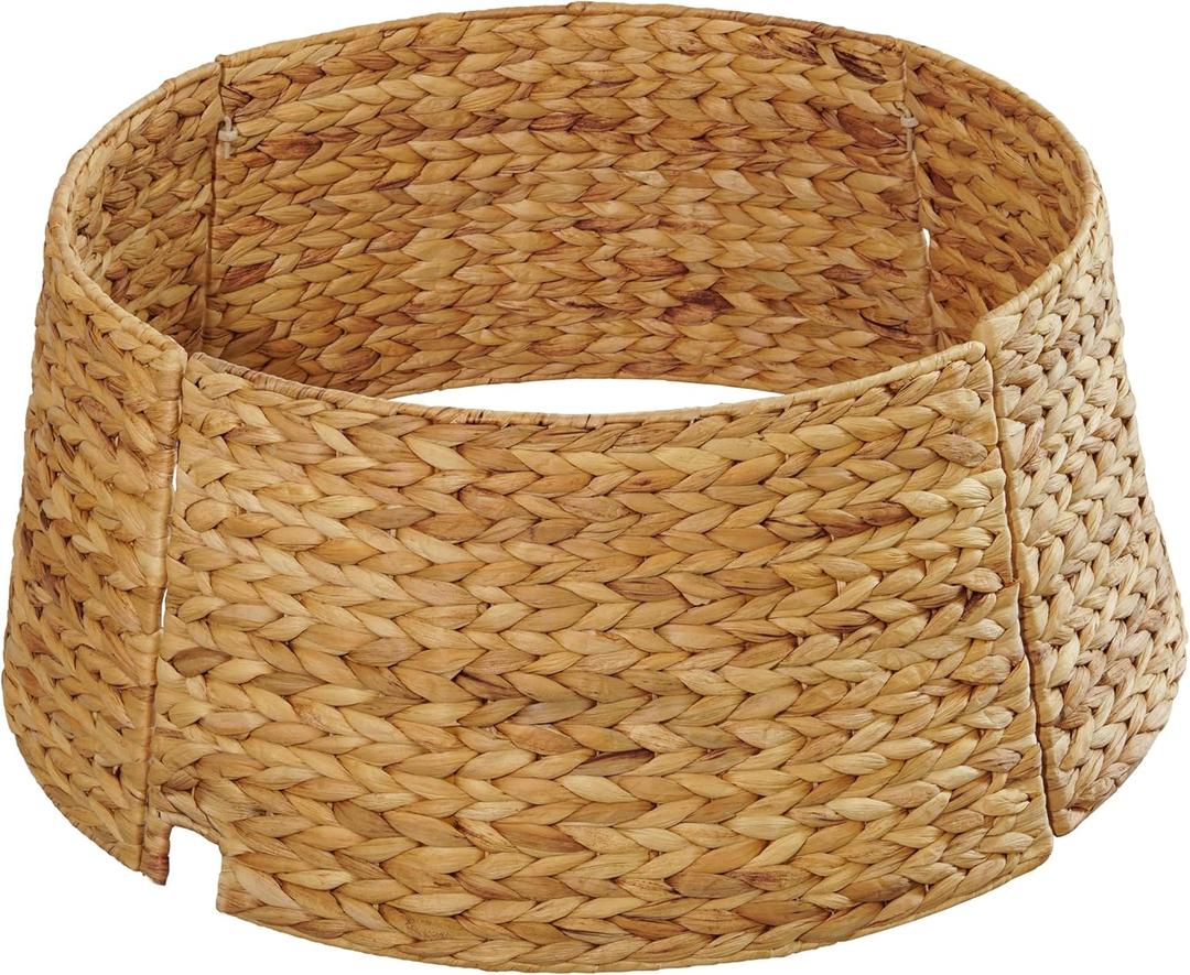 Handmade Water Hyacinth Christmas Tree Collar 24" – Rustic Basketweave Tree Base Cover, Eco-Friendly Skirt Alternative with Cord Cut-Out (Natural)