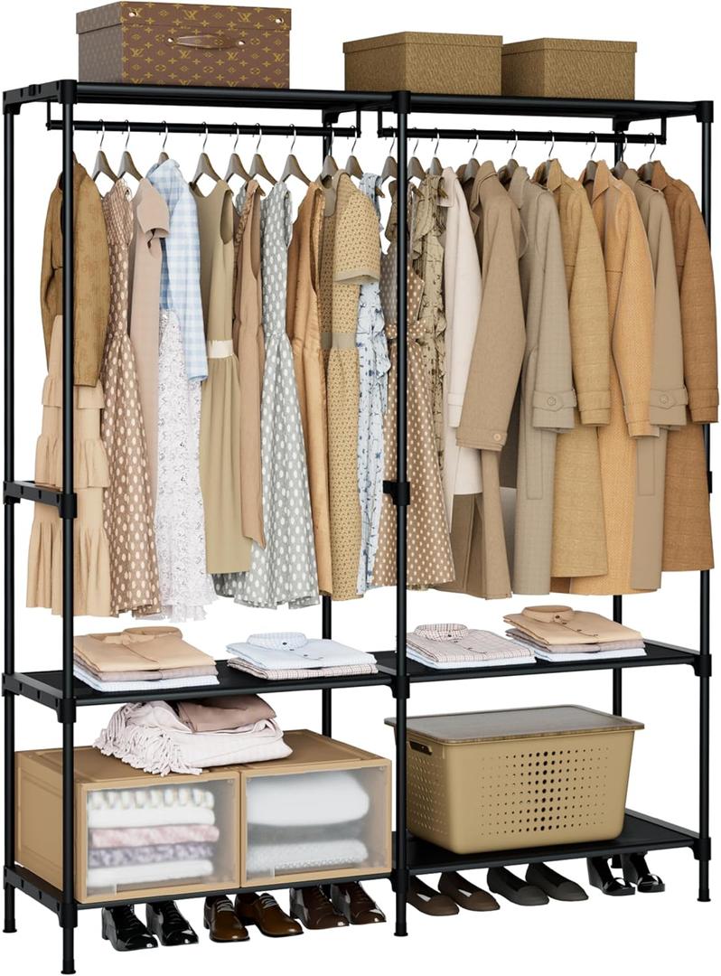 CASAMAYA Clothes Rack, Portable Closet, 54.3 Inch Large Capacity Wardrobe Closet, Clothes Storage Organizer with Shelves and 2 Hanging Rods, Easy to Assembly, Black PCT002B01