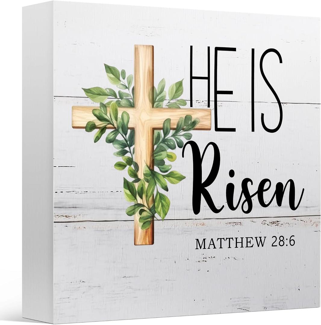 Religious Easter Decor Sign for Home Gifts Family Friend, Bible Verse He is Risen, Wooden Sign 5x5 Inches