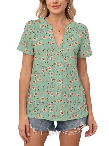 DEARMSROSE 2025 Womens Summer Tunic Tops Casual Dressy V Neck Blouse Loose Fit Short Sleeve T Shirts(Medium,Green Daisy)