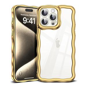 SKYLMW Compatible with iPhone 15 Pro Max Case, Kawaii Cute Curly Wave Frame Luxury Plating Edge, Stylish Glossy Clear Back, Soft TPU Shockproof Protective Cases for iPhone 15 Pro Max, Gold