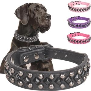 Spiked Studded Dog Collar Soft PU Leather Squared Spike Pet Collar Adjustable Collars for Small Medium Large Dogs (S(neck:10.6"-13"), Black)