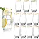 Drinking Glasses Set of 12, 13 oz Crystal Tall Highball Water Glasses Gold Rimmed Glassware Cups Drinking for Whiskey Cocktail Juice Water Beverage Mojito