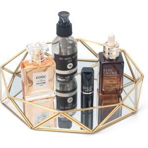 Gold Mirror Perfume Organizer - Large Decorative Tray for Vanity, Dresser, Bathroom Countertop (9.6" x 9.6" x 1.7"), Gold