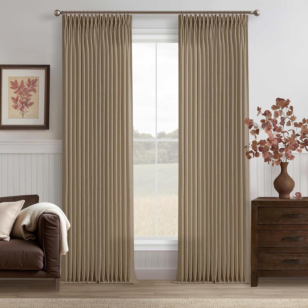 Thick Linen Pinch Pleated Curtains 96 Inches Length 2 Panels for Living Room Tan Brown Latte Country Light Filtering Curtain for Track System Back Tab Window Drapes for Dining Room Bedroom W50xL96