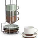 Sweese 2.5 Ounce Espresso Cups Set of 4, Porcelain Stackable Coffee Cups with Saucers and Metal Stand, Multicolor