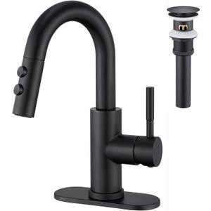 Bathroom Sink Faucet with Pull Down Sprayer, Matte Black Single Handle Pull Out Faucet with Pop-Up Drain, 1 or 3 Hole Laundry Bar Basin Faucet with Deck Plate, KBL-7002B-CL2