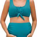 Summer Mae Maternity Ribbed Two-Piece Swimsuit Front Knot Crop Top Bikini High Waisted Pregnancy Bathing Suit (Medium, Lagoon)