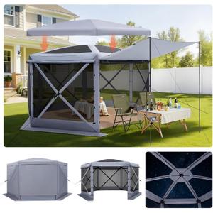 VEVOR Pop up Gazebo Screen Tent, 12 x 12 ft Large 6-Sided Camping Canopy Tent with Removable Top & Carry Bag, Quick-Set & Bite-Proof, Screen House Sun Shelter for 8-10 Persons Backyard Patio, Grey