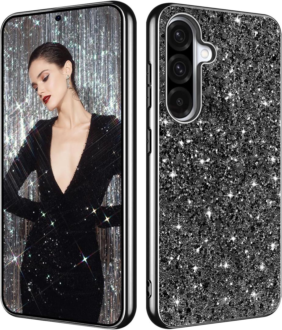 Galaxy A36 Glitter Case for Samsung Galaxy A36 5G Phone Case for Women Girls, Slim Ultra Thin Matte Back Shockproof Protective Cover for Samsung A36 5G, 6.7" Crystal Bling Case (Black)