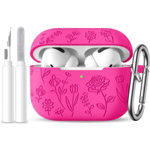 for AirPods Pro 2nd/1st Case with Cleaner Kit,Cute Rose Flower Engraved Soft Silicone Protective Compatible with Apple AirPods Pro 2/Airpod Pro Cover with Keychain,Front LED Visible,Rosepink