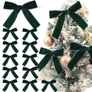 Velvet Bows Christmas Bows Twist Tie Bows 12 PCS Premade Bows for Christmas Tree,Wreaths, Gift Basket, Spring Decor, Gift Wrapping, Swag, Wedding (Dark Green)