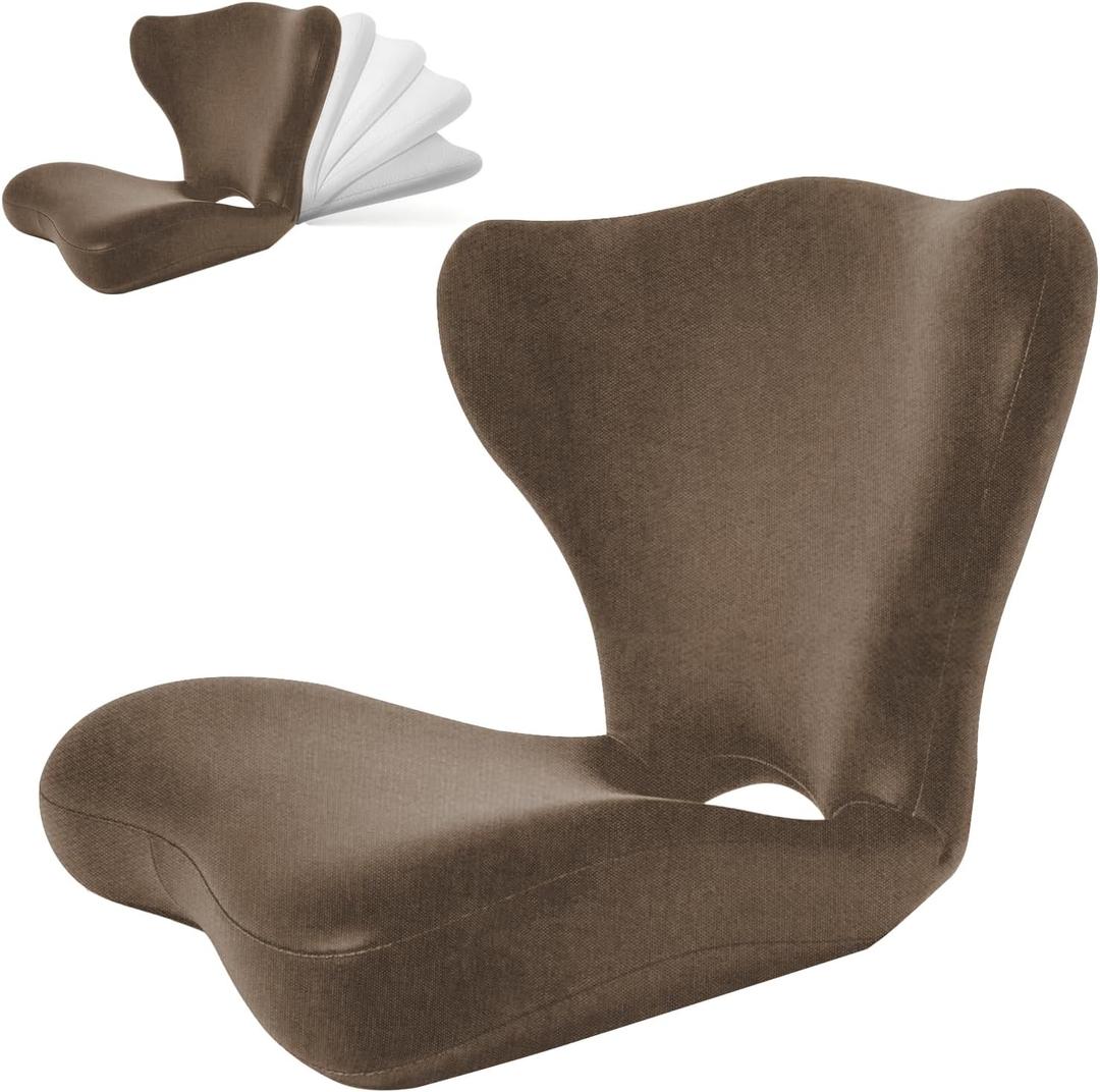 Adjustable Backrest Memory Foam Lumbar Support Pillow,Back Support Cushion for Office Chair,Home, Meditation on Floor,Stadium Seat with Back Support,Posture Corrector,Washable Cover(Brown), 18.5X16.5X15