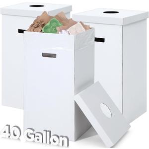 3 Pcs Cardboard Trash Cans with Lid Disposable and Reusable Corrugated Cardboard Trash Cans Recycling Bins Bulk with 6 Garbage Bags White Rubbish Boxes for Parties Events(40 Gallon)