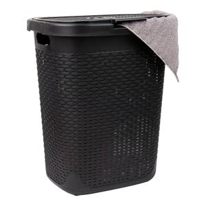 Mind Reader Slim Laundry Hamper with Lid, 50L Clothes Basket, Premium Wicker Design, Plastic, Black