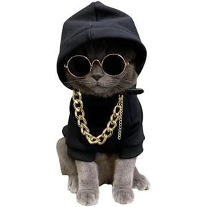QWINEE 3Pcs Dog Hoodie Cat Apparel Dog Custume Set with Necklace and Sunglasses Pet Clothes for Puppy Small Medium Dogs Cats Multicolor S