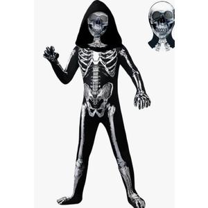 Halloween Skeleton Costume, Hooded Skeleton Jumpsuit Bones with Mask for Boys and Girls Halloween Cosplay Costume Party Adult, M