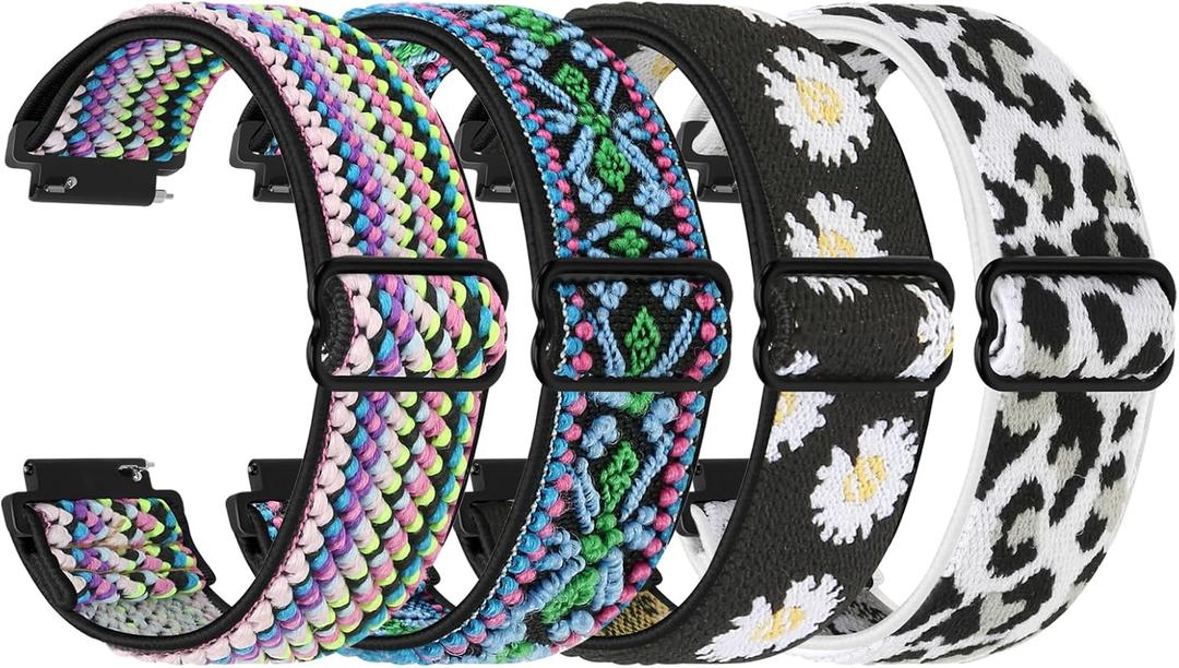 Elastic Quick Release 18mm Watch Bands Compatible with Garmin Venu 3S/Venu 2S/Vivoactive 4S/Vivomove 3S/Forerunner 255S/255S Music/Forerunner 265S, Adjustable Stretchy Nylon Loop Replacement Straps (Colorful+Flower+Bohemian Blue+White Leopard)