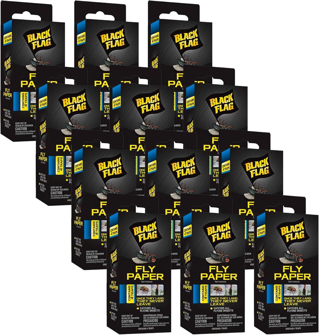 Black Flag Fly Paper, Insect Trap, Catches All Flying Insects 4 Traps (Pack of 12)