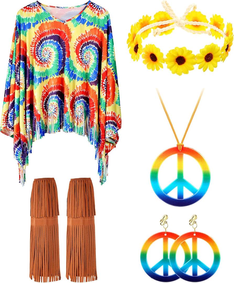 Unittype 5 Pcs Hippie Costume Accessories Set 60s 70s Outfits for Women Tie Dye Poncho Costume for Halloween Cosplay Party (Large)
