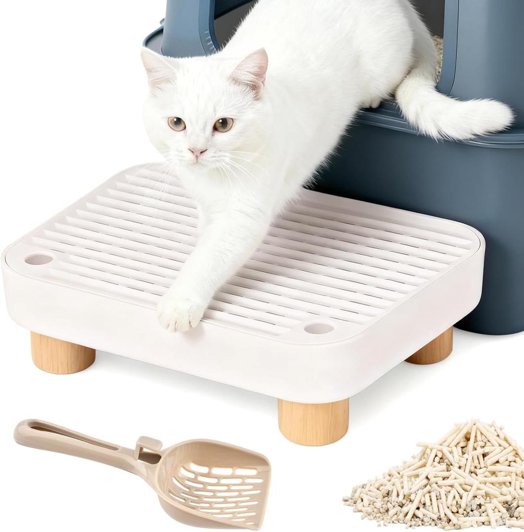 Litter Box Step, Litter Box Ramp with Removable Wooden Base  Anti-Tracking Ramp Catcher for Cats, Easy to Clean Cat Step for Small & Elderly Cats, with Scoop (White)