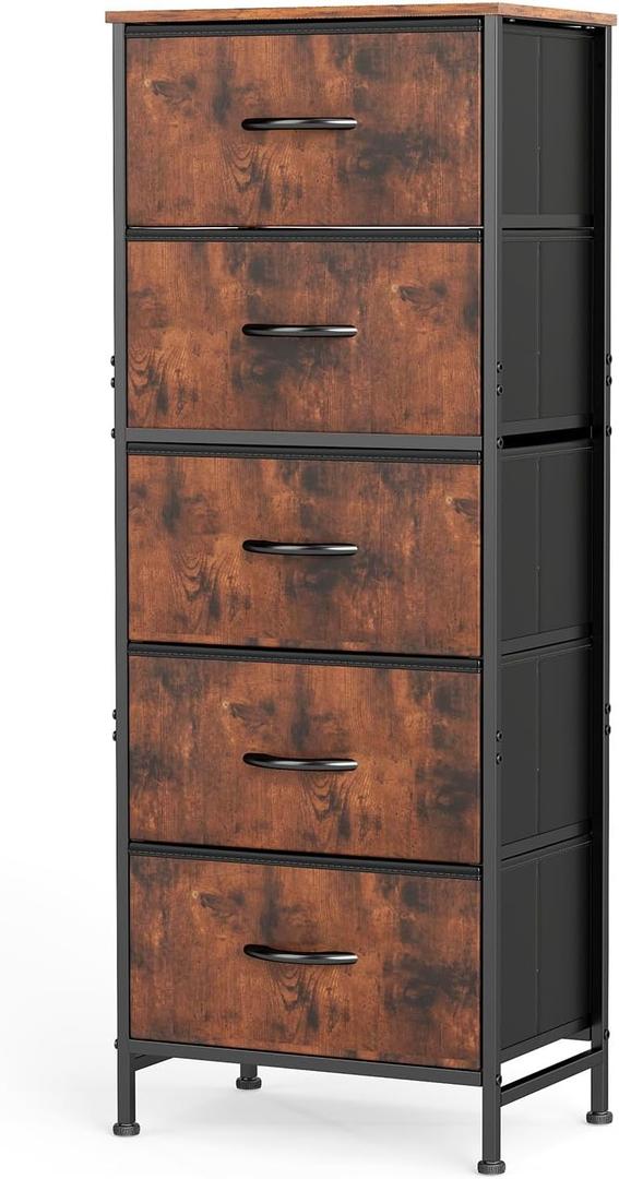 OLIXIS Tall 5 Drawer Fabric Dresser Storage Tower Bedroom Organizer, Brown, 11.8"D x 15.8"W x 47.8"H
