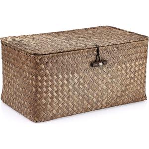 Hipiwe Wicker Shelf Baskets Bin with Lid, Handwoven Seagrass Basket Storage Bins Rectangular Household Basket Boxes for Shelf Wardrobe Home Organizer, Coffee Medium