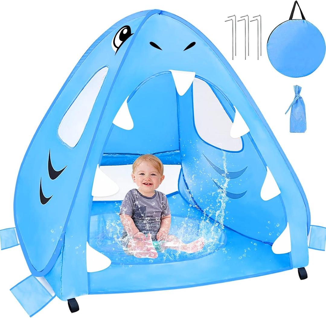 [ Extra High ] Shark Baby Beach Tent with Pool, Pop Up Kiddie Pool Tents Baby Beach Essentials UPF 50+ UV Protection 4 Sand Pockets 3 Mesh Windows Sun Beach Shade Tent for Toddler Aged 3-60 Months