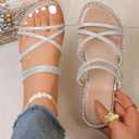 Sksshion Women's Glitter Rhinestone Flat Criss Cross Strappy Open Toe Sandals Slip On Slippers, 43