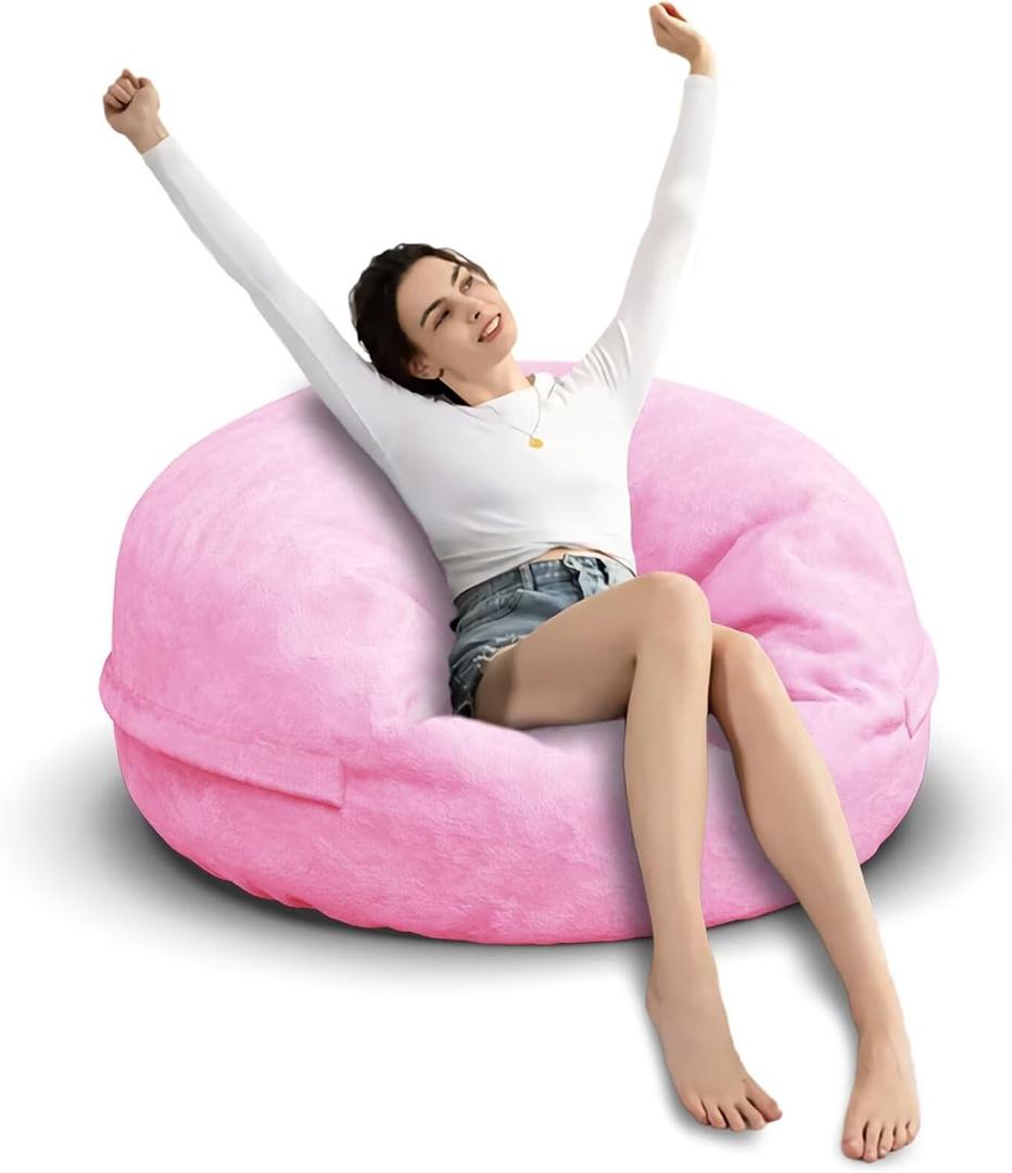 Bean Bag Chair for Adults 3FT,Soft Removable Cover for Teens/Girls Bedroom, Fluffy Giant Round Floor Beanbag Lounger Chairs (No Filler, Pink) (3ft-35x35x13inCapacity: 1-2 People)