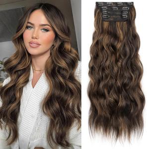KooKaStyle Clip in Hair Extensions Long Wavy 4PCS Thick Hairpieces Synthetic Highlight Hair Extensions Balayage Dark Brown to Chestnut H2/426 Fiber Double Weft Natural 24Inch for Women