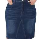 Agnes Orinda Jean Skirts for Women Plus Size Summer High Waist Knee Length Pockets Casual Stretch Midi Denim Skirts (Blue, XXL)
