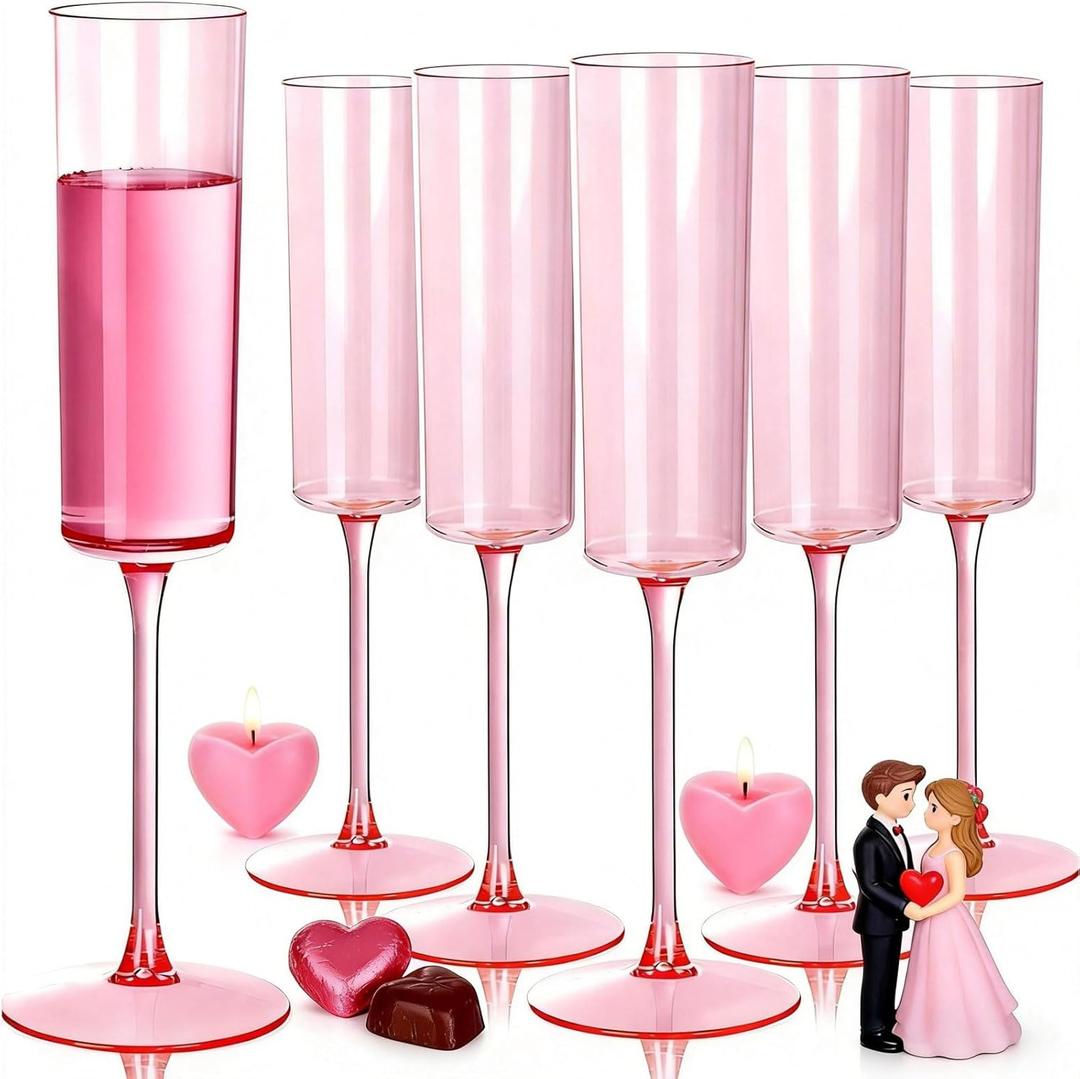 Ciaell 24 Pack Pink Plastic Champagne Flutes - Pink 6 Oz Disposable Champagne Glasses - Square Plastic Toasting Glasses for Party Birthday Anniversary Wedding & Valentine's Day